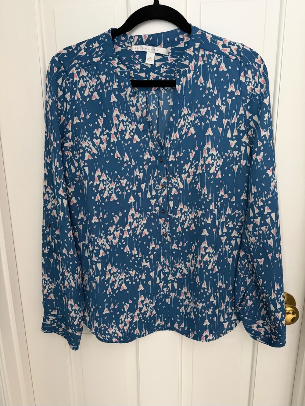 LC Lauren Conrad Teal Blue Printed V-Neck Long-Sleeve Blouse